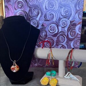 Boho necklace, 2 bracelets, 3 pairs earrings